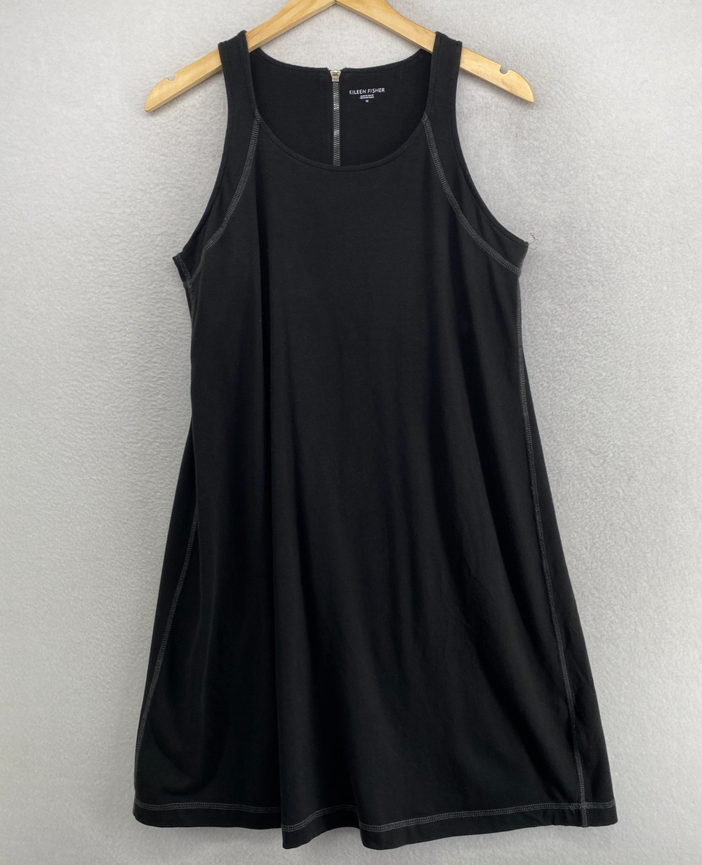 EILEEN FISHER Dress M Stretch Cotton Jersey Swing Tankdress Shelf Bra Black USA